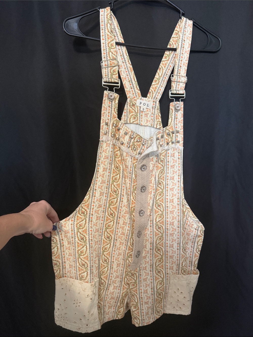 POL Floral Striped Eyelet Short Overalls in Cream and Tan